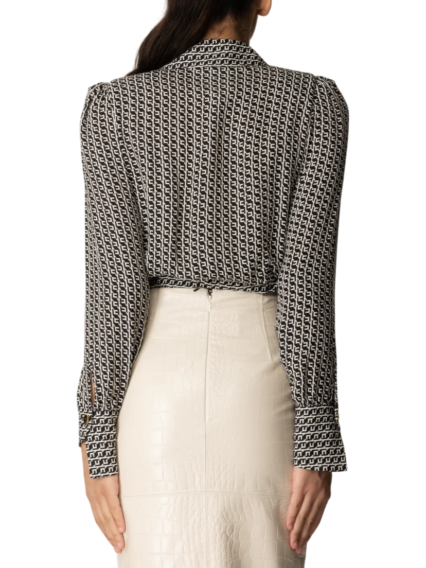 Elisabetta Franchi camicia crop in fantasia monogram nero bianco