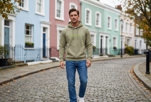 Immagine illustrativa AI di un modello con felpa verde ispirata a Pepe Jeans in un contesto londinese.