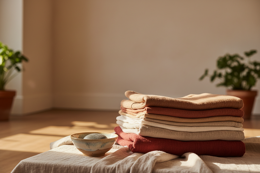 Tessuti naturali e capi nei toni della terra, simbolo di moda consapevole e rituale quotidiano