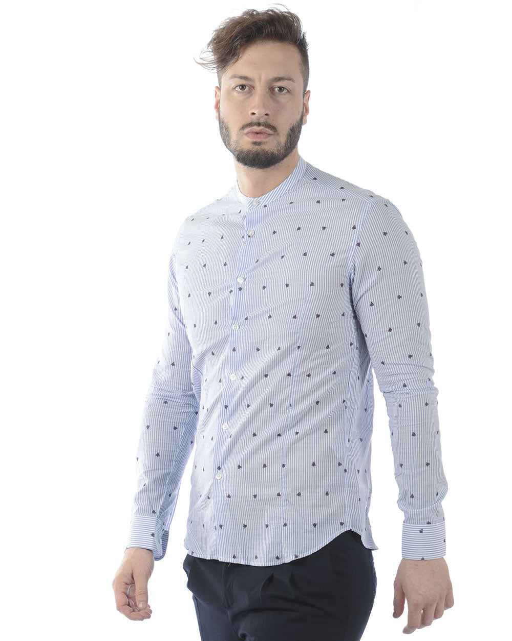 Camicia Daniele Alessandrini Blu Manica Lunga Slim Fit - mem39