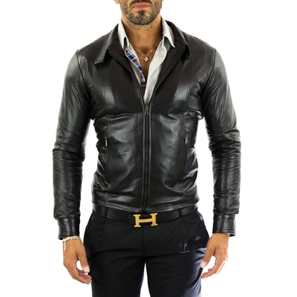 Giacca Biker In Vera Pelle Nera Uomo Slim Cuciture Frontali Rindway