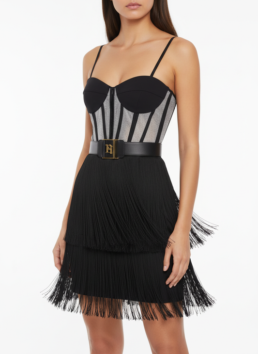 Elisabetta Franchi abito corto bustier con frange nero