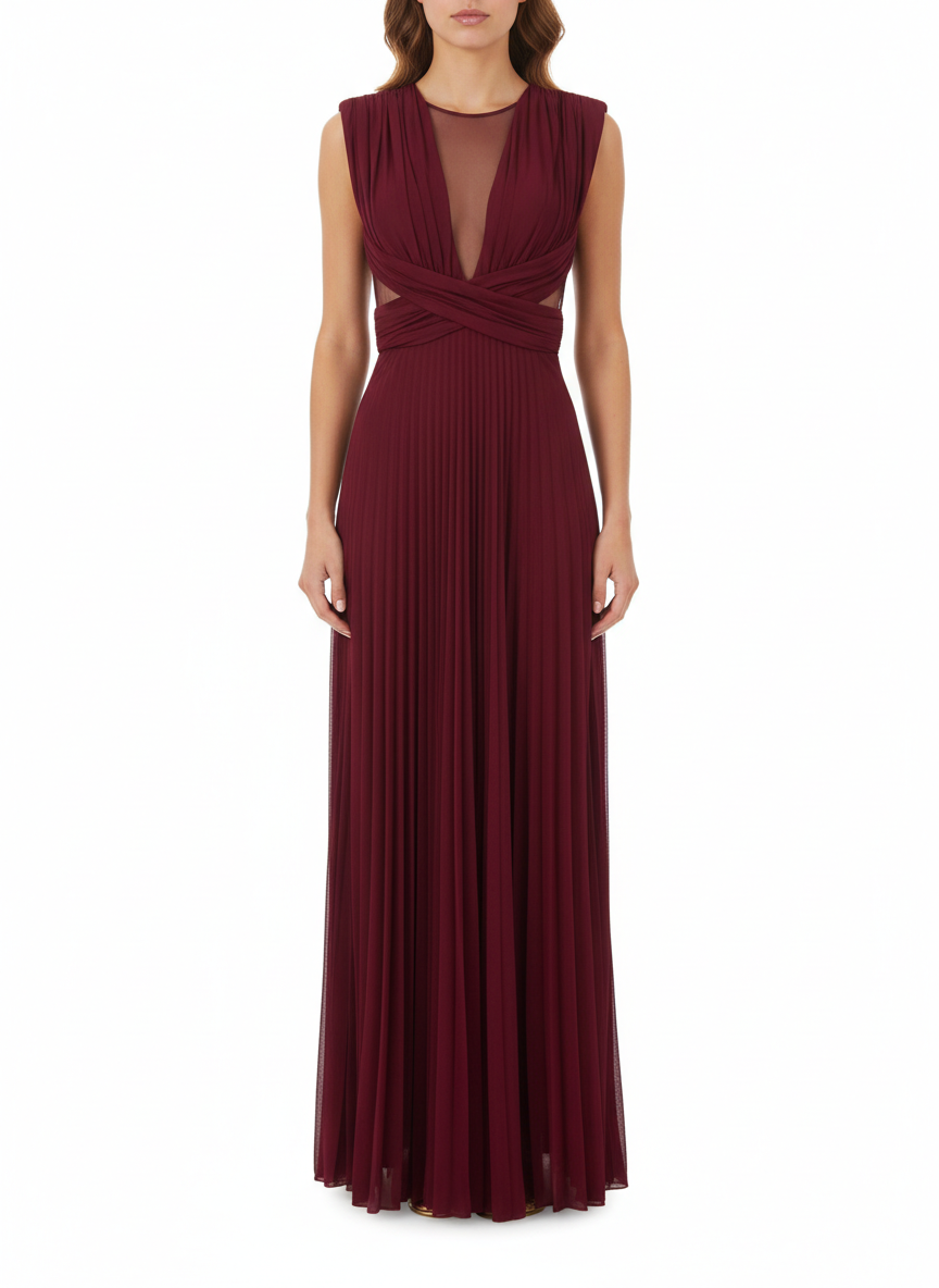 Elisabetta Franchi abito lungo plissè lurex rosso ciliegia - mem39