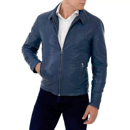 Giacca Biker In Vera Pelle Blu Medio Uomo Slim Cuciture Frontali Rindway