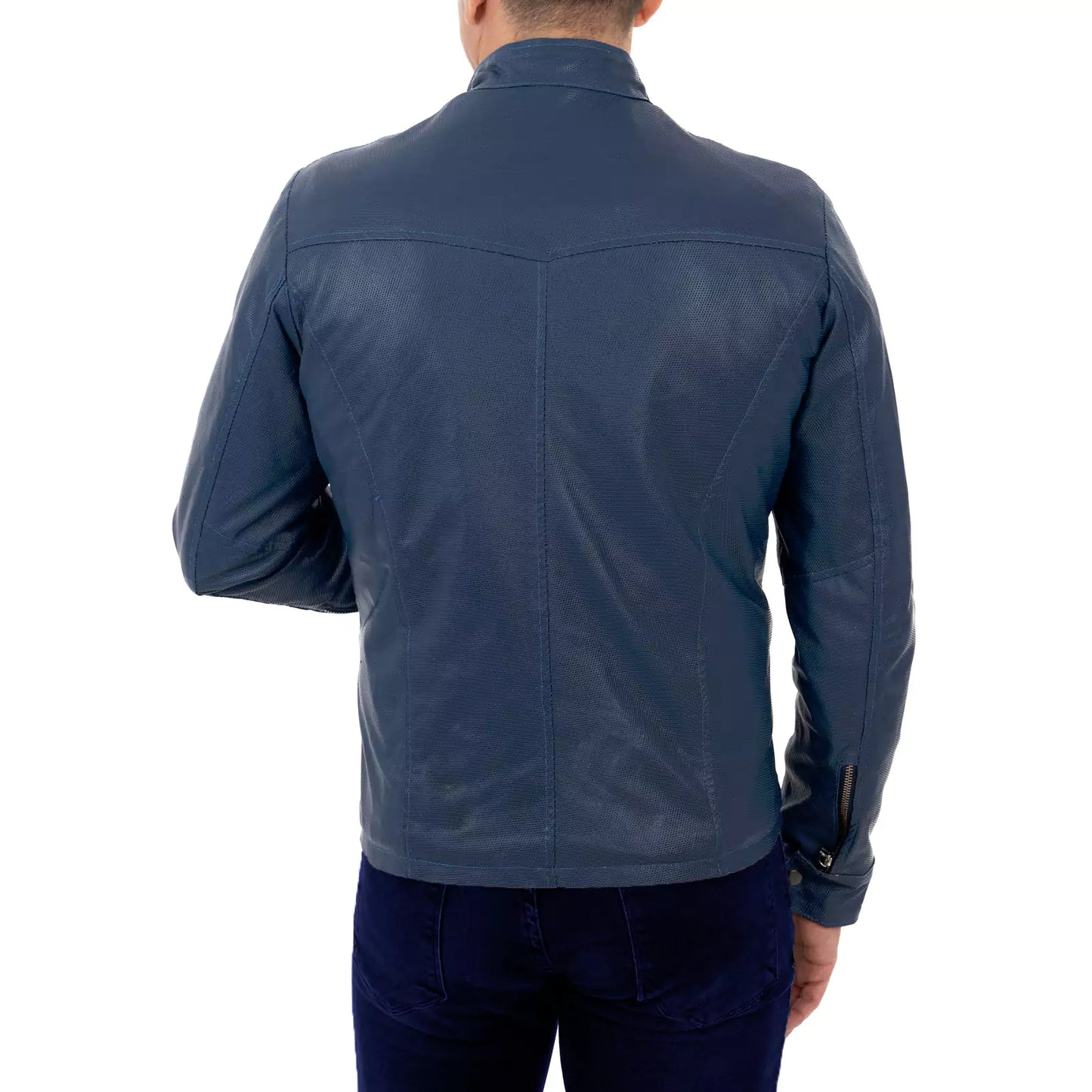 Giacca Biker In Vera Pelle Blu Medio Uomo Slim Cuciture Frontali Rindway