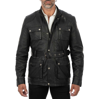 Giaccone Giacca Lungo In Vera Pelle Nera Uomo Slim Con Tasconi e Cintura Vita Rindway