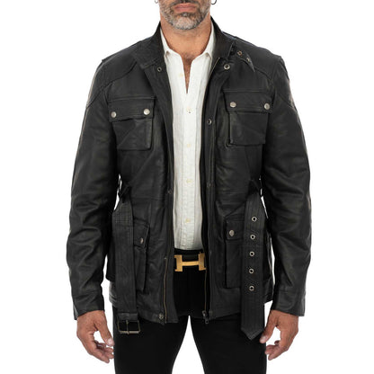 Giaccone Giacca Lungo In Vera Pelle Nera Uomo Slim Con Tasconi e Cintura Vita Rindway