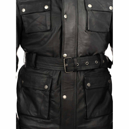 Giaccone Giacca Lungo In Vera Pelle Nera Uomo Slim Con Tasconi e Cintura Vita Rindway