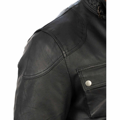 Giaccone Giacca Lungo In Vera Pelle Nera Uomo Slim Con Tasconi e Cintura Vita Rindway