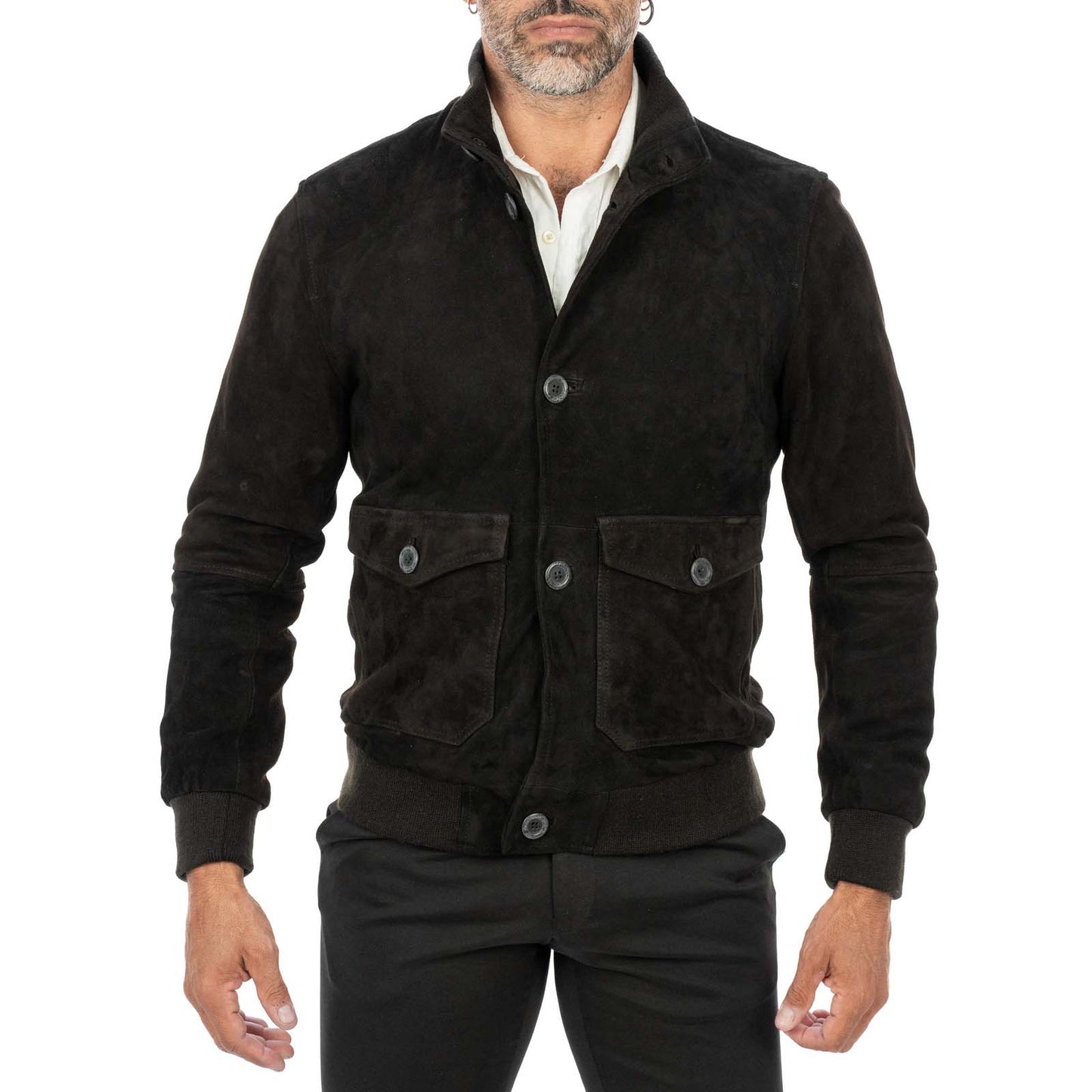 Giacca Bomber In Vera Pelle Camoscio Marrone Uomo Slim Con Bottoni E Tasconi Rindway