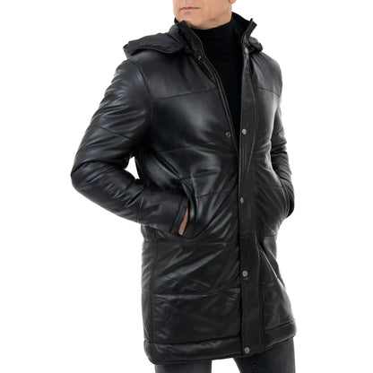 Piumino Giacca In Vera Pelle Nera Uomo Lungo Slim Cappuccio Con Cerniera Removibile Rindway