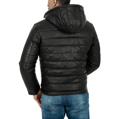 Piumino Giacca In Vera Pelle Nera Uomo Slim Cappuccio Con Cerniera Removibile Rindway