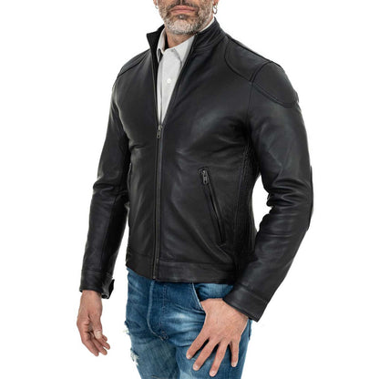 Biker Giacca In Vera Pelle Nera Uomo Slim Particolari Spalle Rindway - mem39