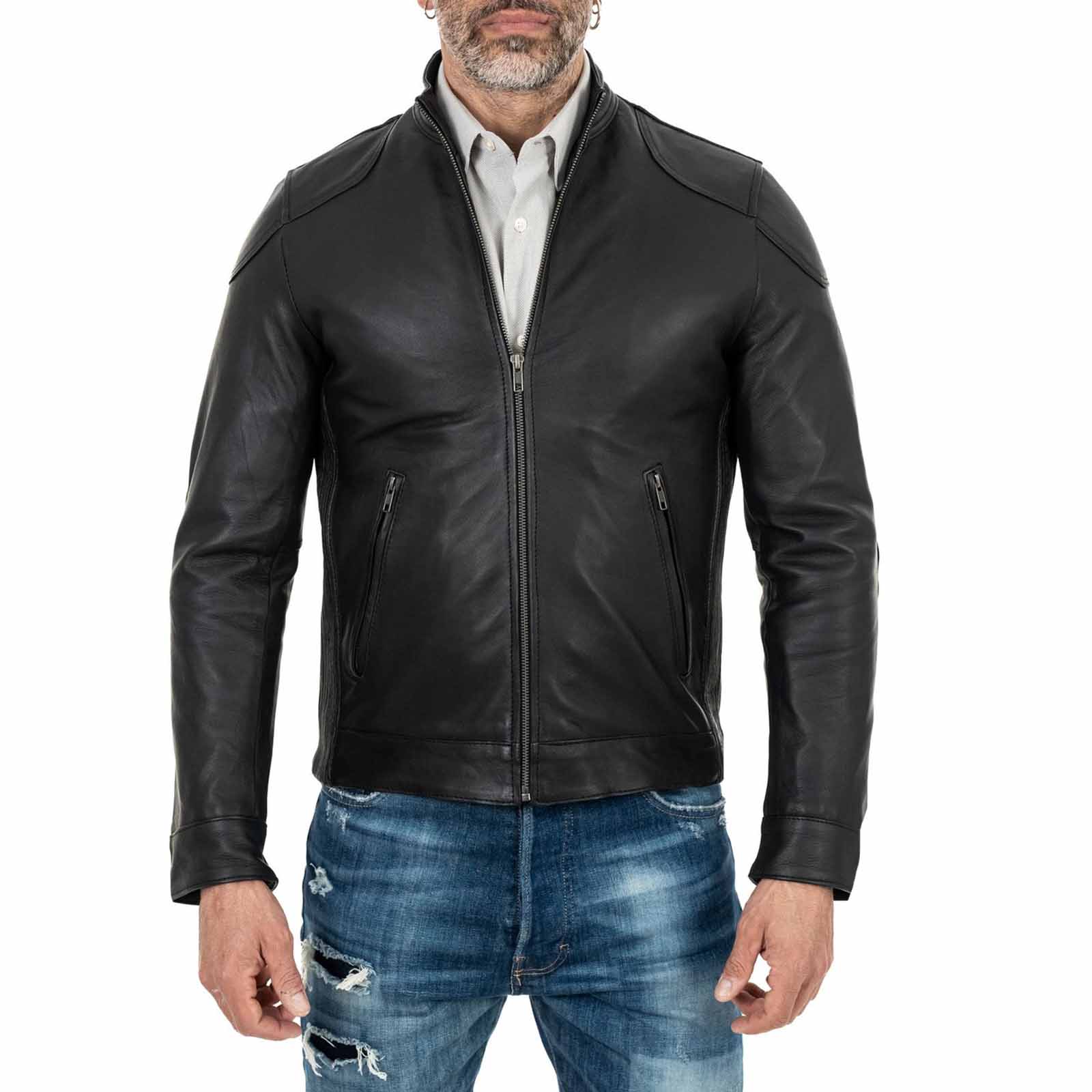 Biker Giacca In Vera Pelle Nera Uomo Slim Particolari Spalle Rindway - mem39