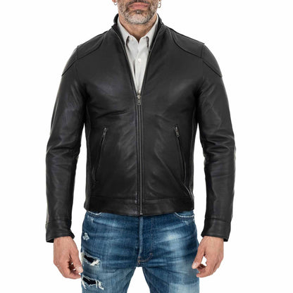 Biker Giacca In Vera Pelle Nera Uomo Slim Particolari Spalle Rindway - mem39