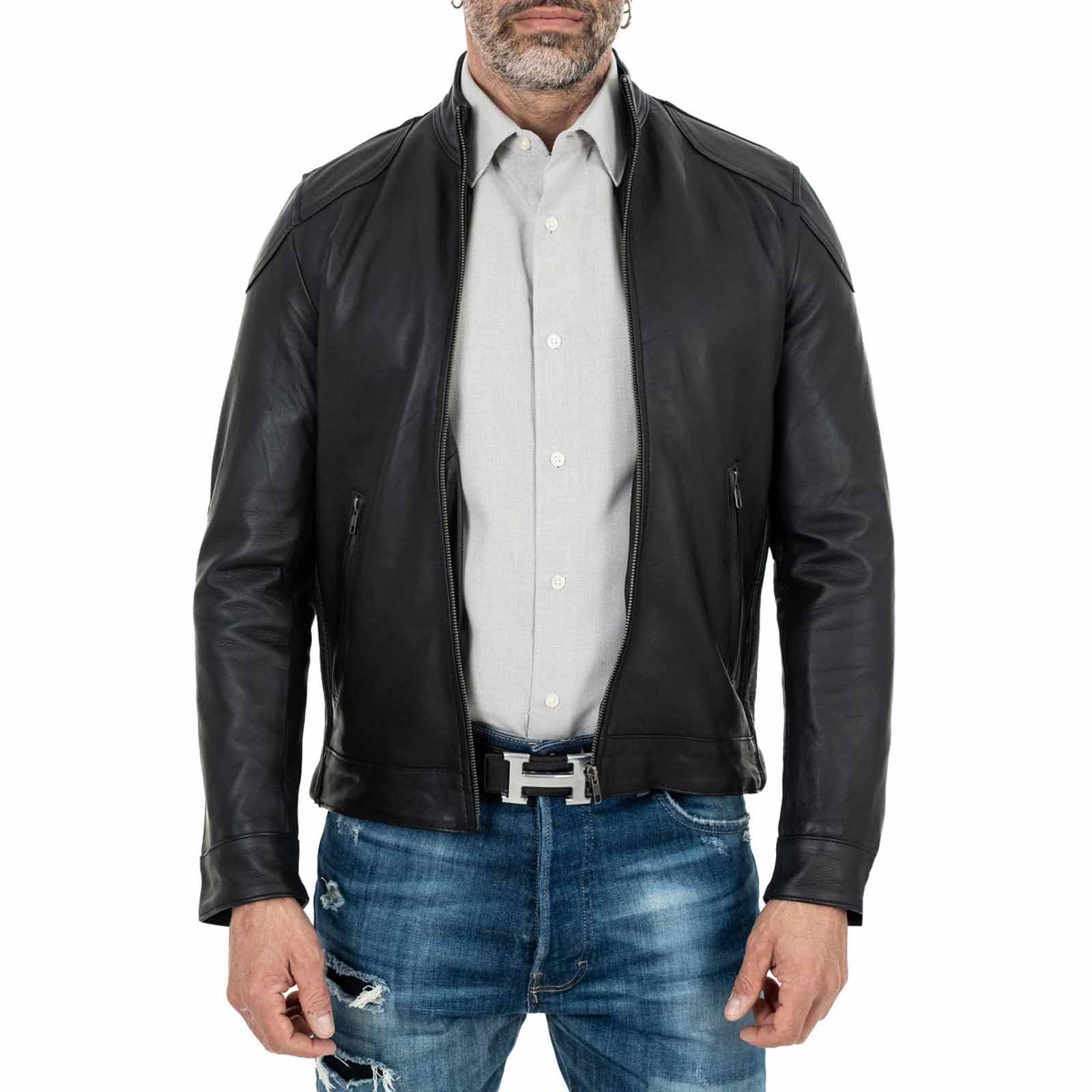 Biker Giacca In Vera Pelle Nera Uomo Slim Particolari Spalle Rindway - mem39