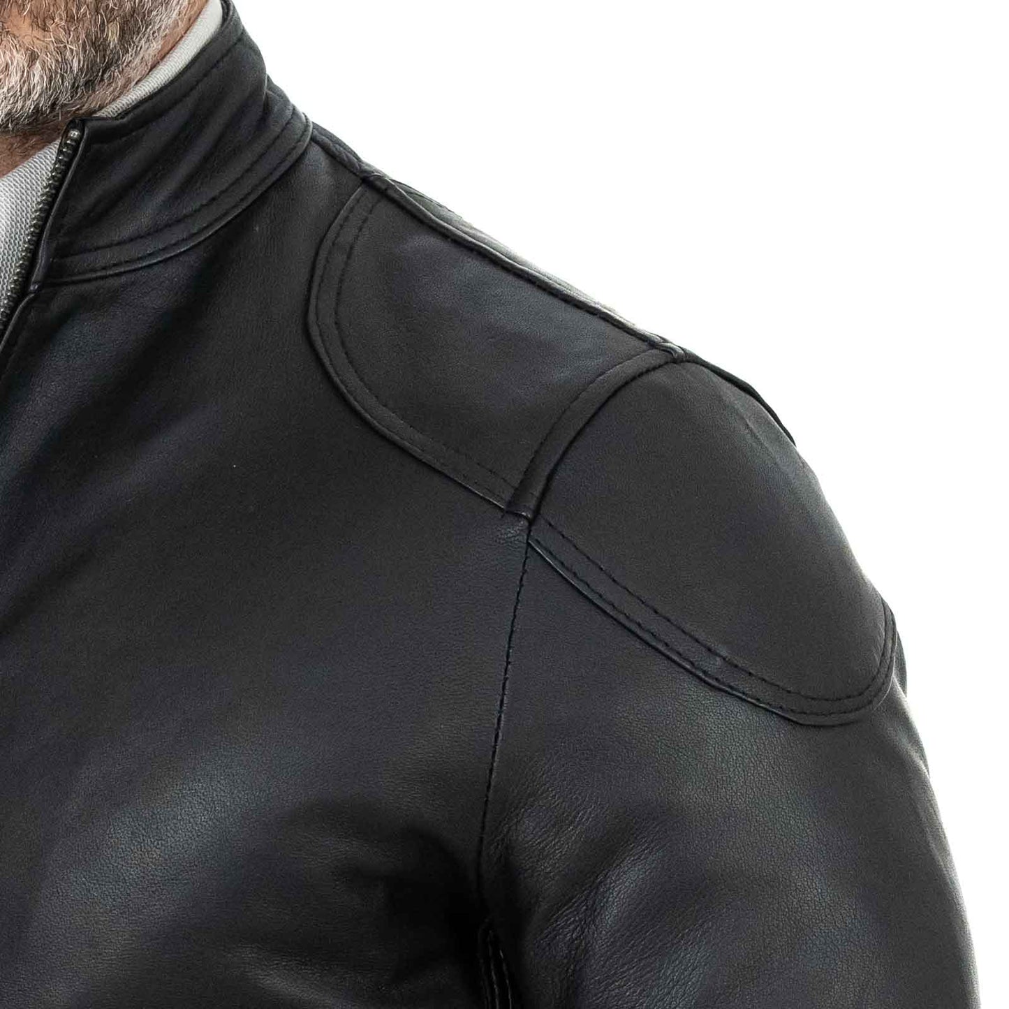 Biker Giacca In Vera Pelle Nera Uomo Slim Particolari Spalle Rindway - mem39
