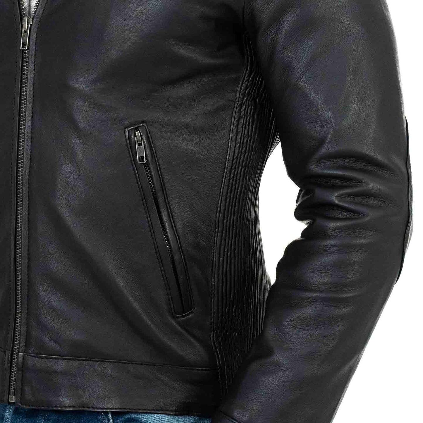 Biker Giacca In Vera Pelle Nera Uomo Slim Particolari Spalle Rindway - mem39