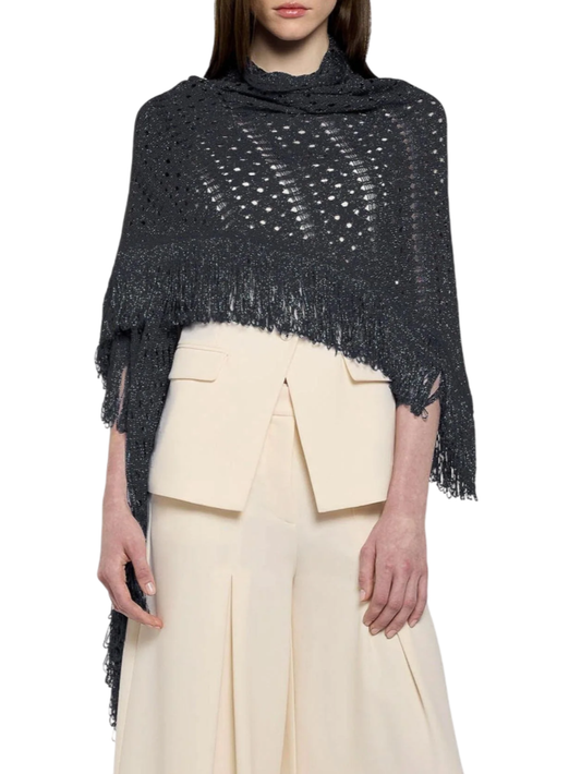 Simona Corsellini scialle traforato lurex con frange nero