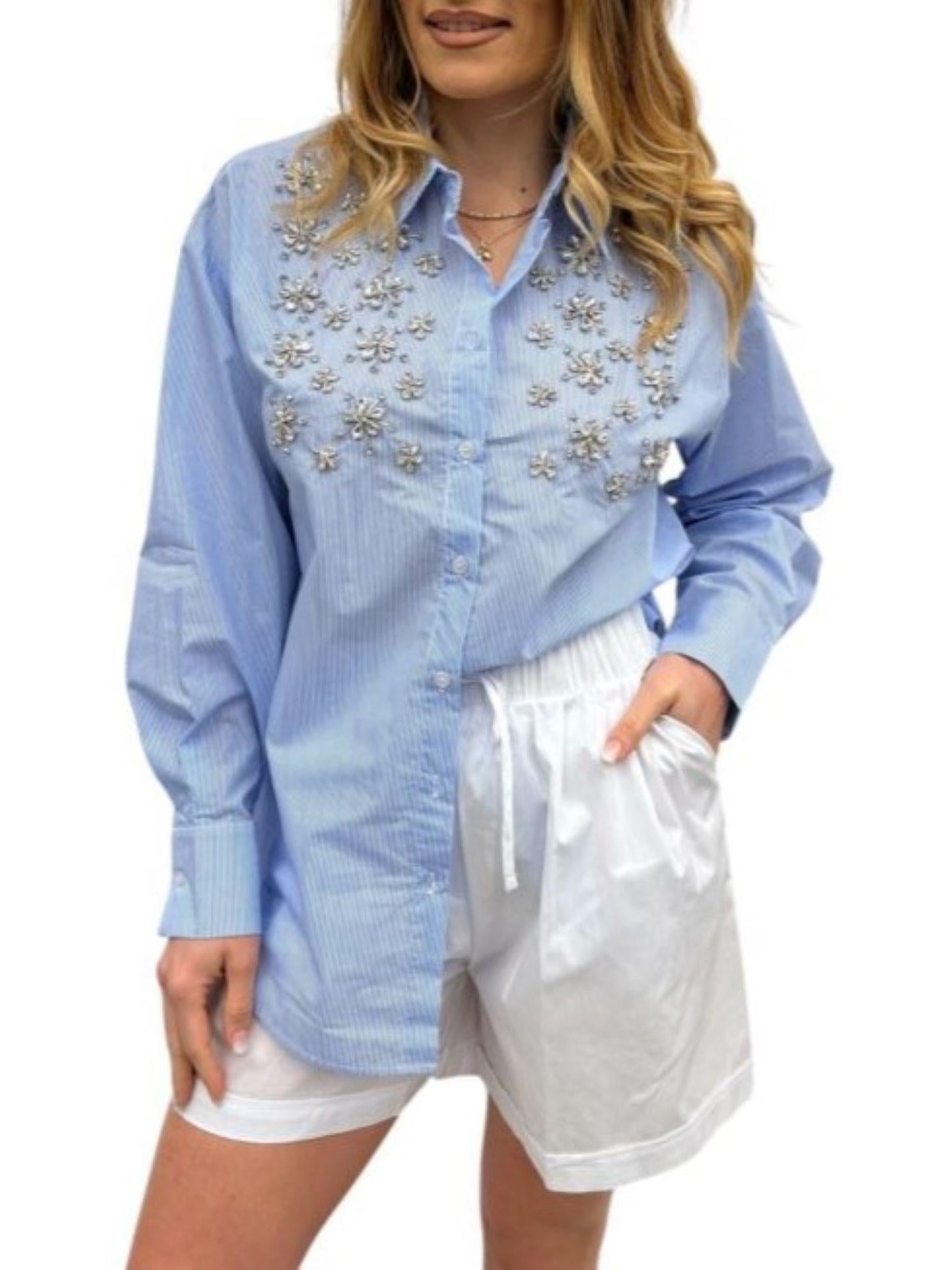 White Wise camicia manica lunga con applicazioni gioiello celeste