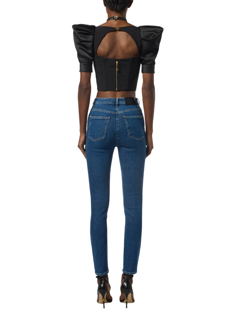 Elisabetta Franchi top in crepe e duchesse con manica palloncino nero