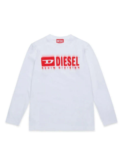 Diesel T-shirt manica lunga con stampa logo bianco rosso