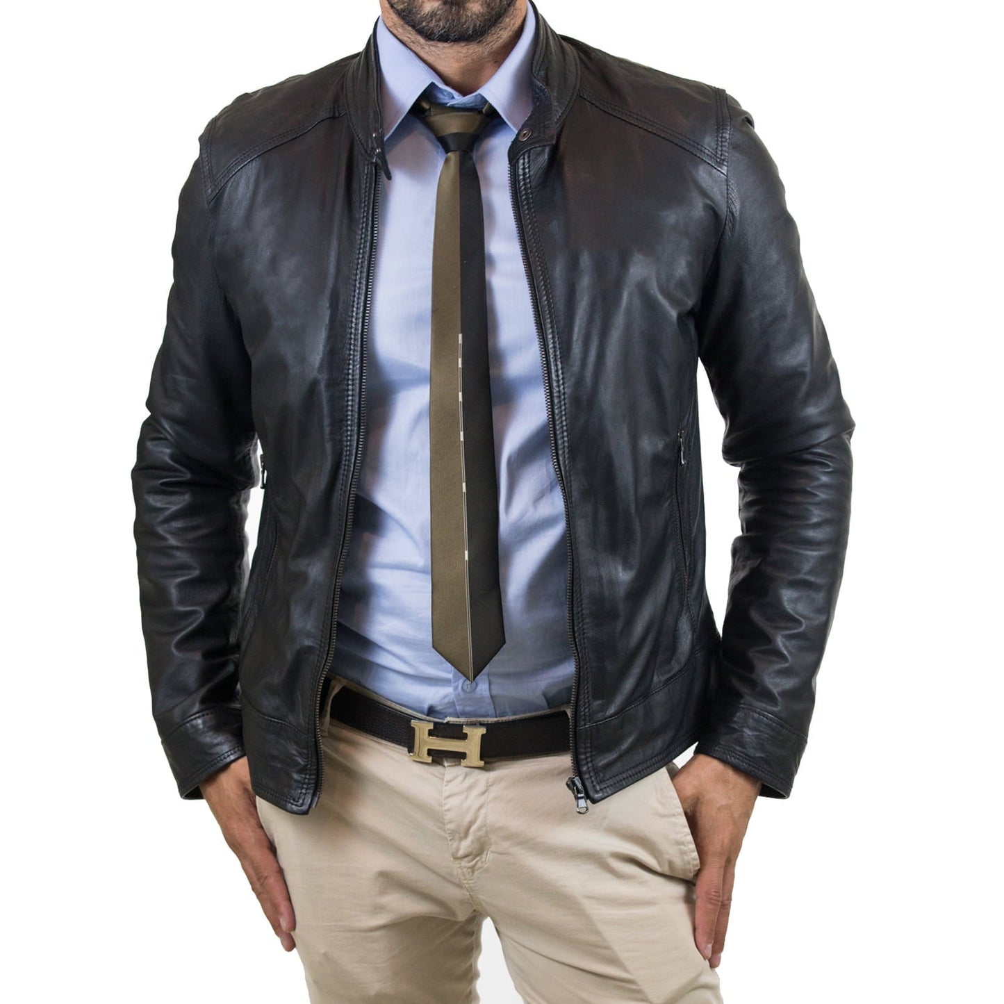 Giacca Biker In Vera Pelle Uomo Nero Slim Collo Con Bottoni Rindway